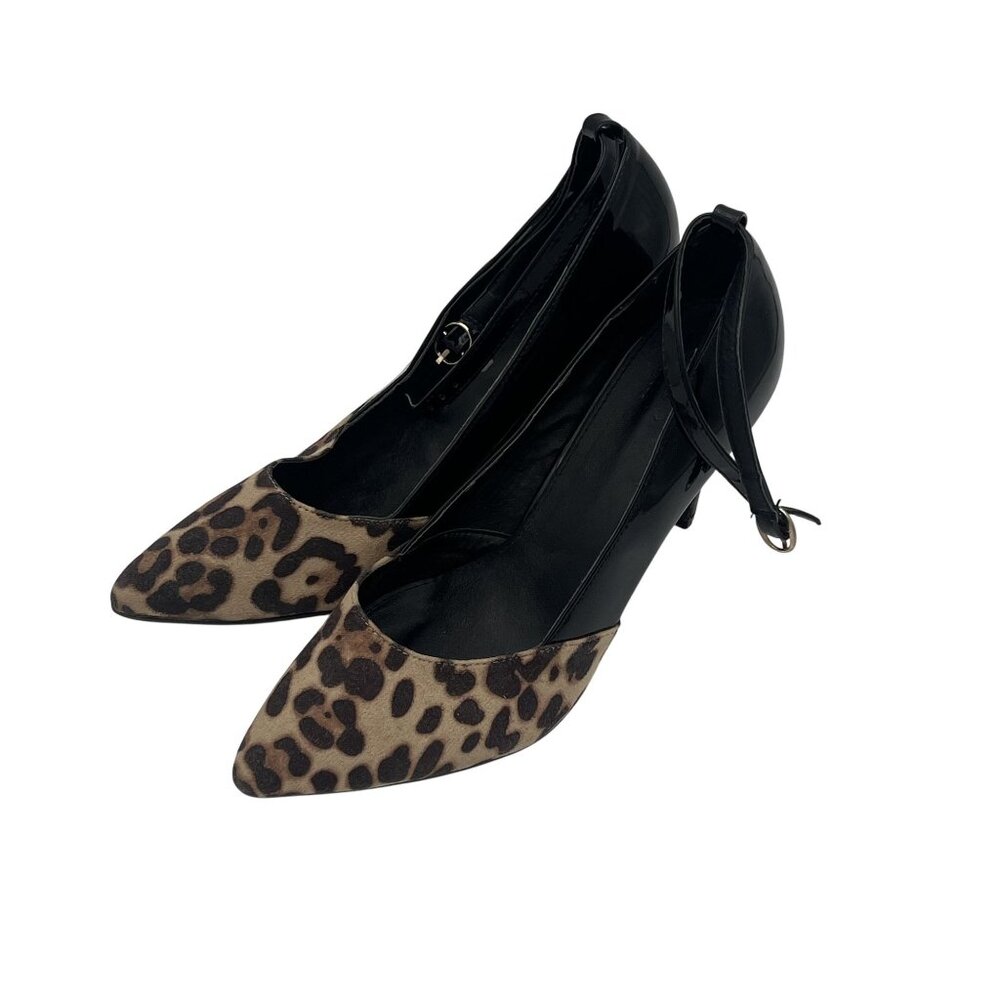 Womens Size 10 Black Patent & Leopard Print Pointed Toe Heels With Ankle Strap